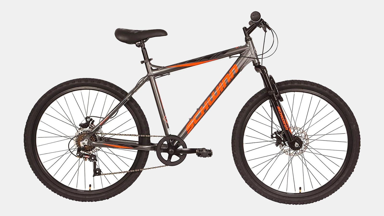 Best mountain bike Schwinn product image of a grey bike with orange details.