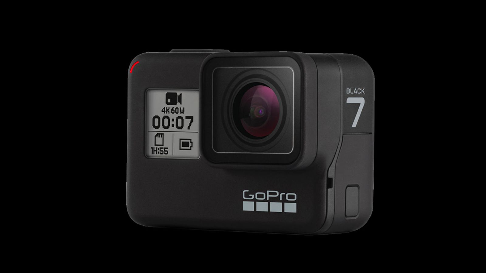 Best GoPro HERO7 product image of a black camera with a greyscale digital display on the front.