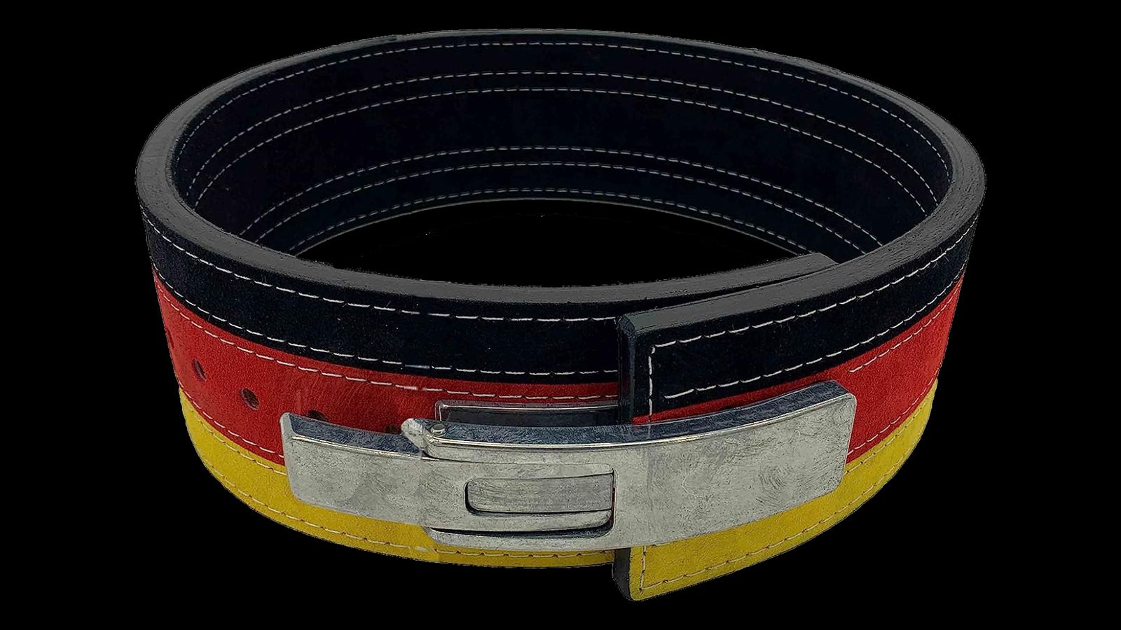 Inzer Forever Lever Belt product image of a black, red, and yellow-stripped belt with a metal lever closure system.