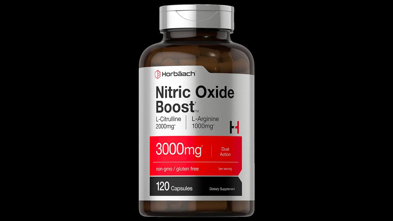 Horbäach Nitric Oxide Max product image of a brown container with silver and red branding.