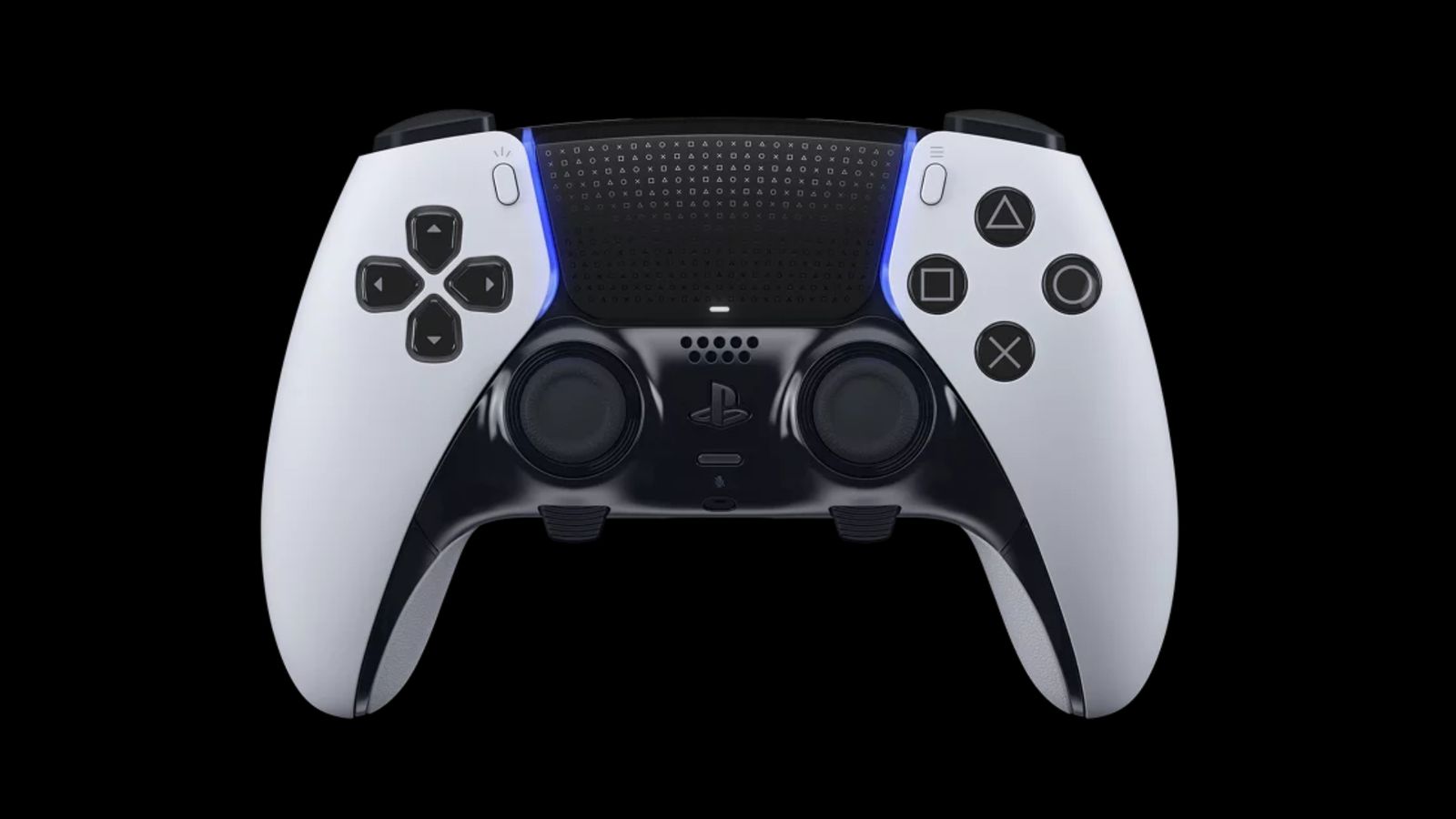 Sony DualSense Edge product image of a white and black gamepad with blue lighting.