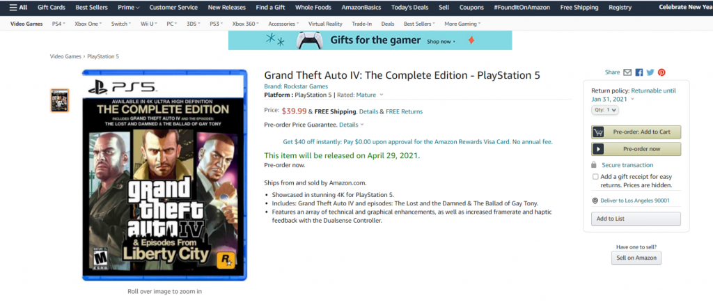Grand Theft Auto Remasters GTA 4 PS5