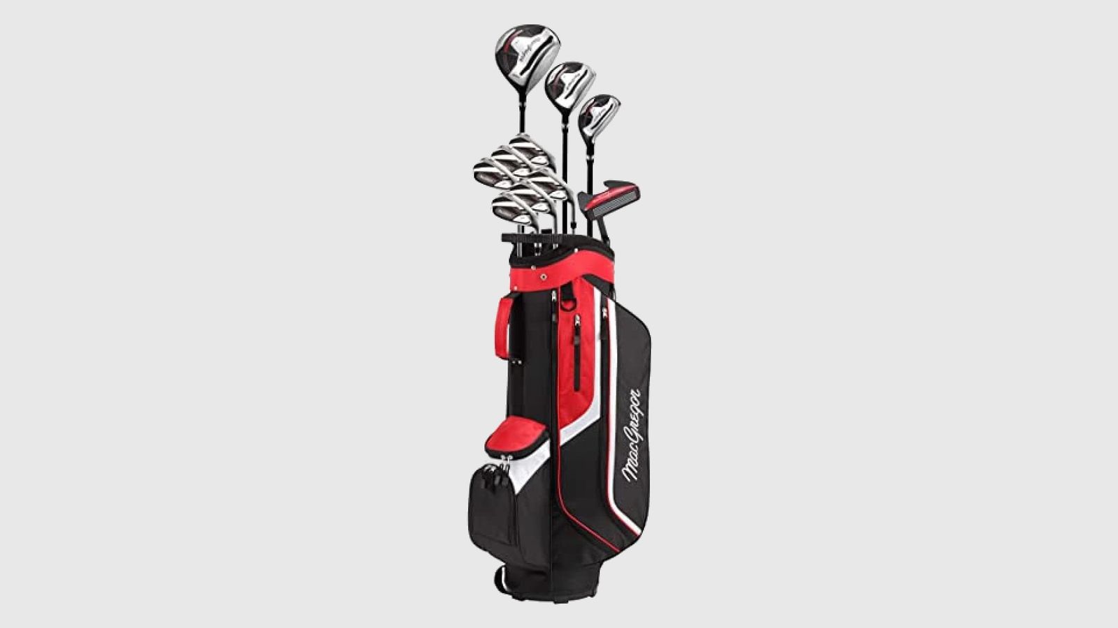 MacGregor CG3000 Golf Set product image a black and red golf bag containing nine silver clubs and one black putter.