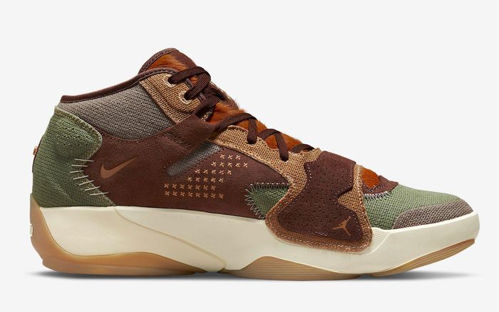 Jordan Zion 2 "Voodoo" product image of a flax, muslin, and sesame-fauna brown sneaker.