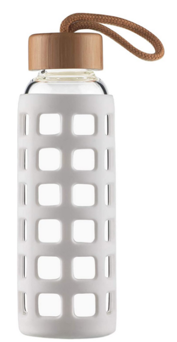 Best Water Bottle Cleesmill product image of a glass bottle surrounded by a silicone sleeve for protection
