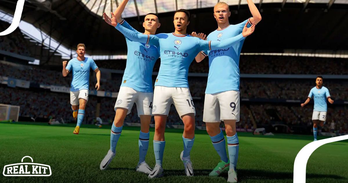 Gameplay image of Haaland, Foden, and Grealish celebrating in light blue Manchester City shirts.