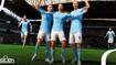 Gameplay image of Haaland, Foden, and Grealish celebrating in light blue Manchester City shirts.
