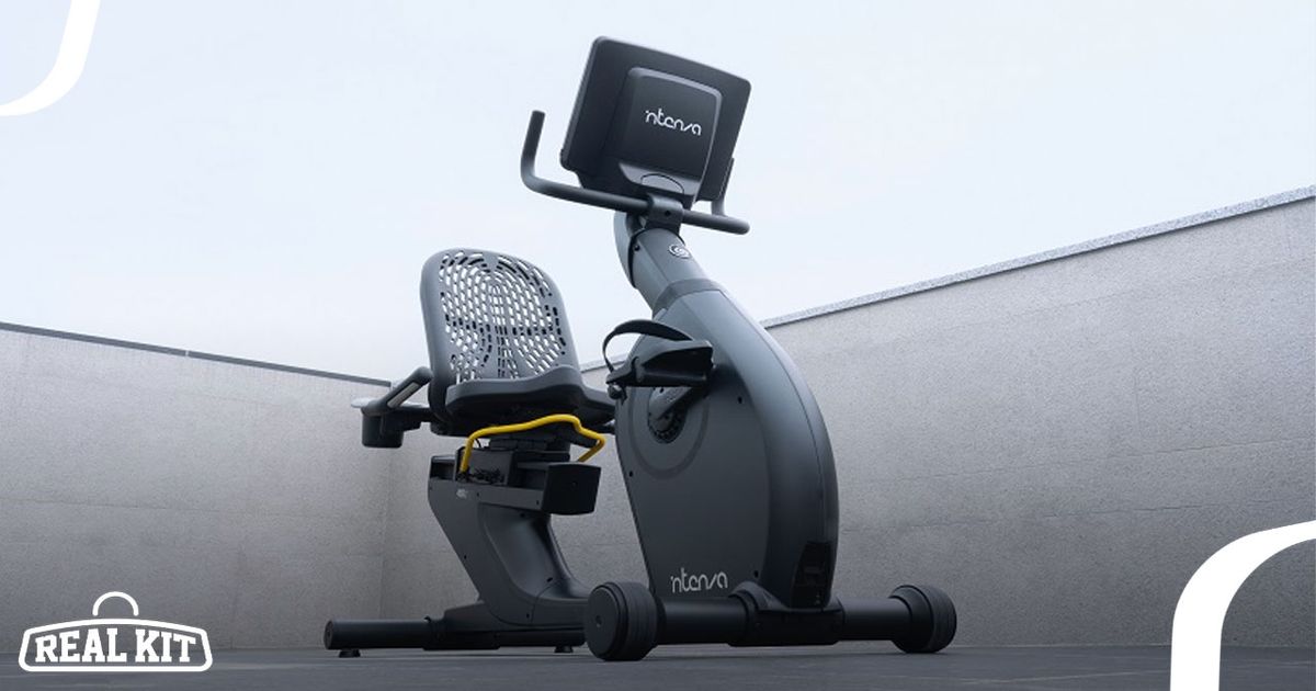 Back view of an Intenza 450 Series Recumbent Bike on home rooftop outdoor fitness space.