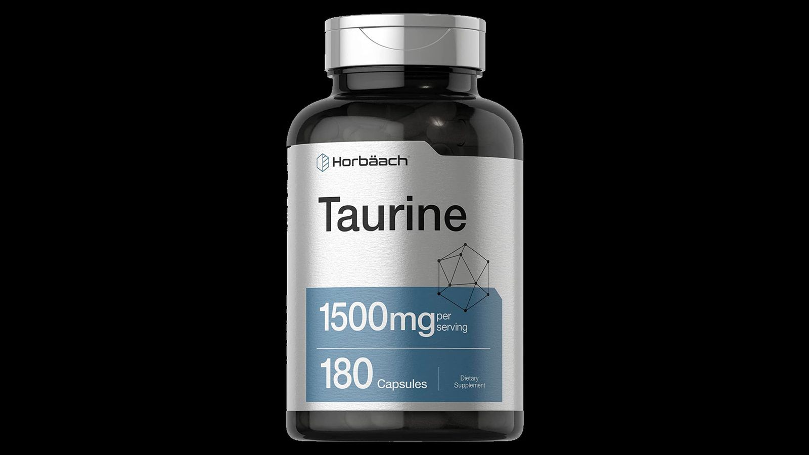 Horbäach Taurine Capsules product image of a black container with silver and light blue branding.