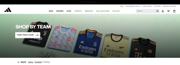 adidas website image of the football subsection where you can buy by club.