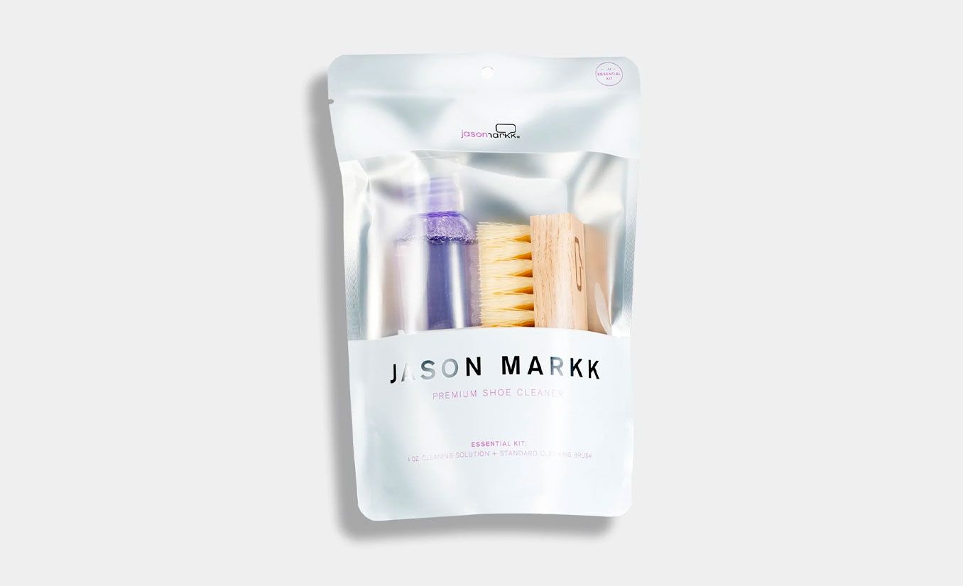 Jason Markk Shoe Cleaner Essentials product image of a silver pouch with cleaning products inside.