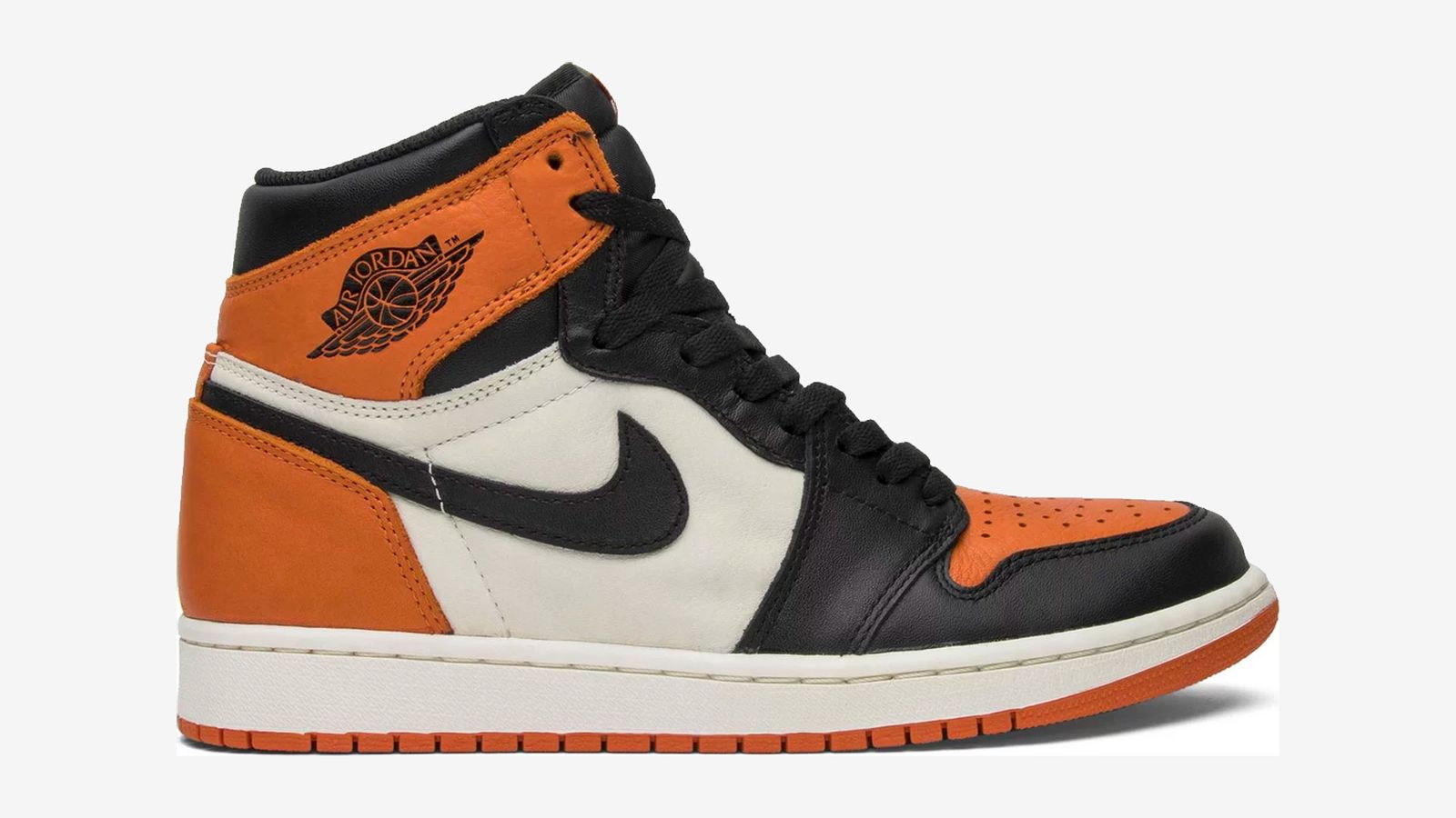 Air Jordan 1 Retro "Shattered Backboard" product image of a white, orange, and black high-top sneaker.