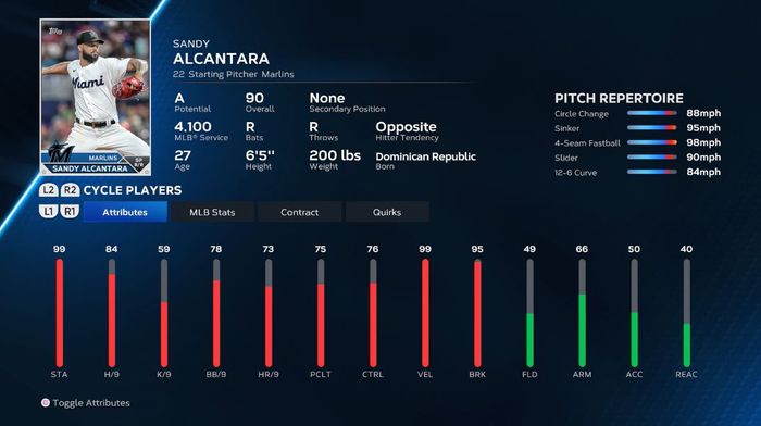 Sandy Alcantara's player card in MLB The show 23