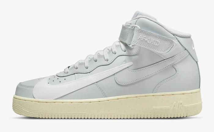 Nike Air Force 1 Mid "Copy Paste" product image of a grey mid-top with white Nike overlays and an off-white midsole.