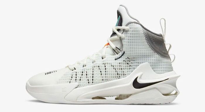 Best basketball shoes Nike product image of a white sneaker with a black pattern beneath the mesh upper.