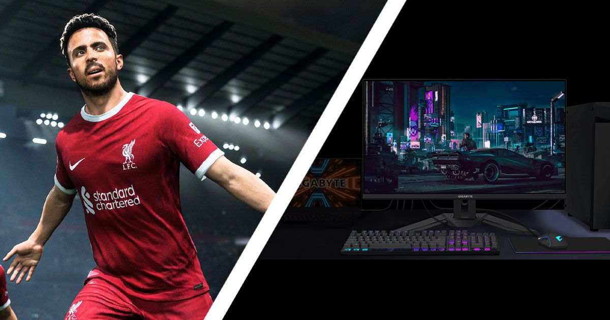 Diogo Jota in a red Liverpool kit on one side of a white line. On the other, a black gaming monitor behind a keyboard featuring blue and pink backlighting.