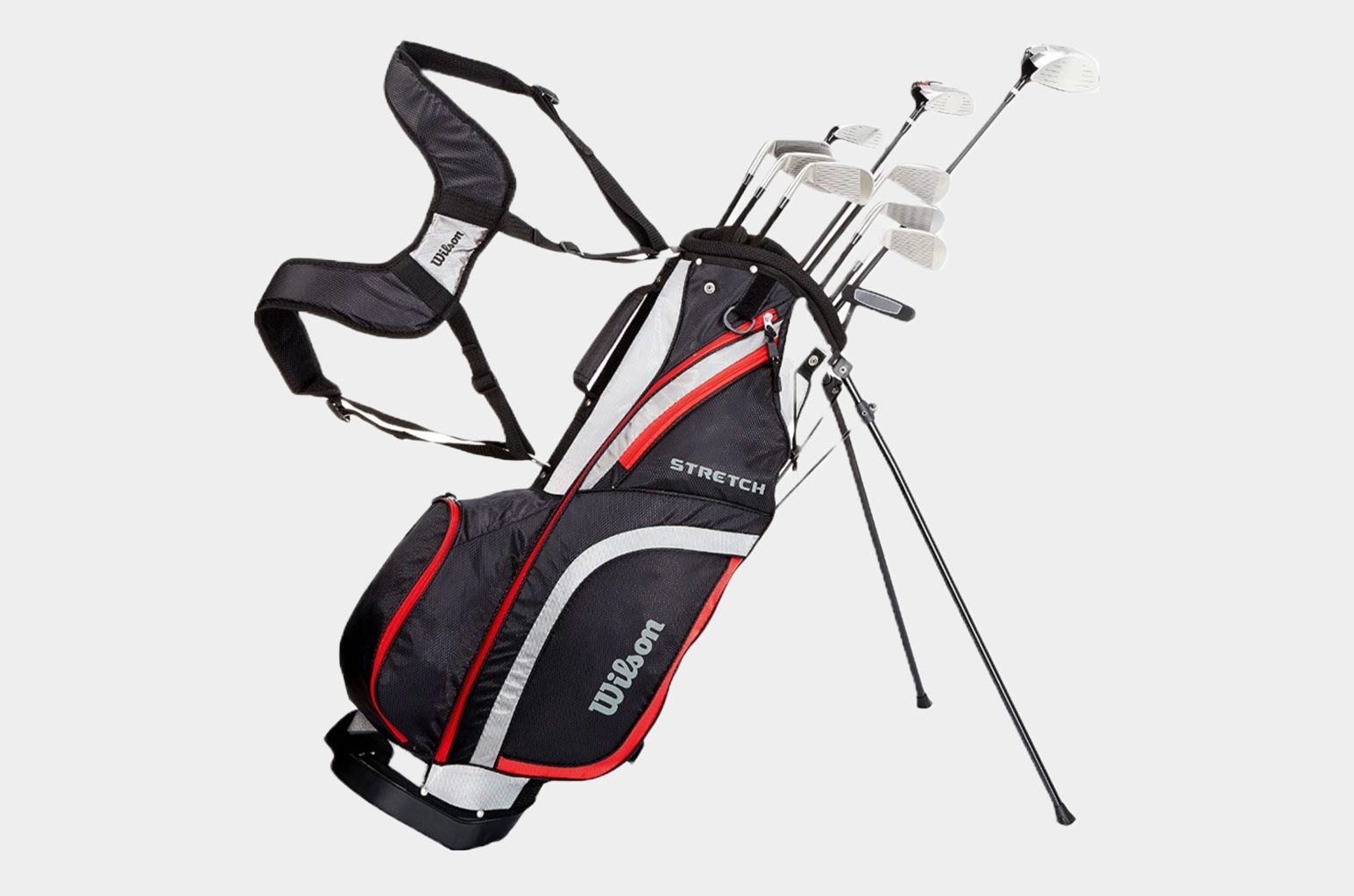 Wilson Stretch 10-Club Set product image of a complete set of clubs in a black, white, and red golf bag featuring a stand.