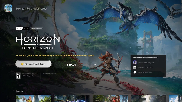 A mock-up of the PS Plus Premium page for Horizon II: Forbidden West featuring the option for a Game Trial.