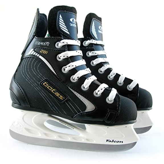 Best ice hockey skates Botas product image of a pair of all-black skates with gold lettering