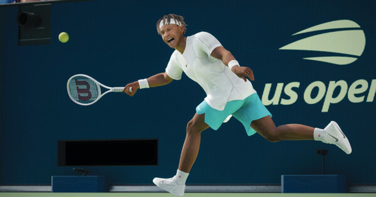 A screenshot of a tennis player involved in a gruelling rally at the US Open in TopSpin 2K25
