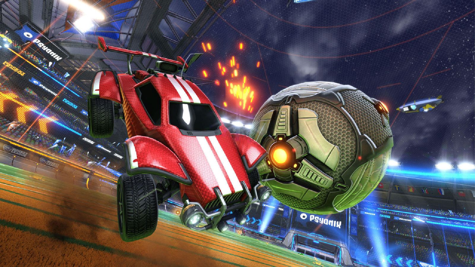 Rocket League in-game image of a red car attack a grey ball in the air.