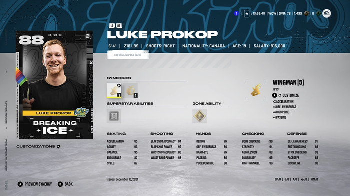 NHL 22 Luke Prokop breaking ice