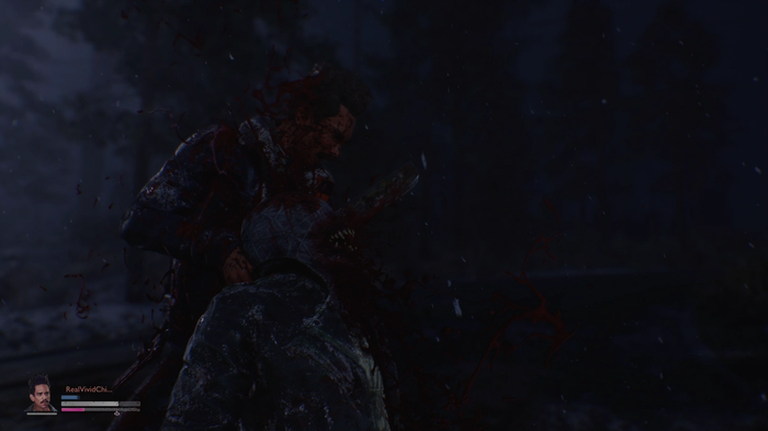 Evil Dead: The Game player character Pablo finishes off a deadite with a machete during is unlock mission "It's Not Gonna Let Us Go"