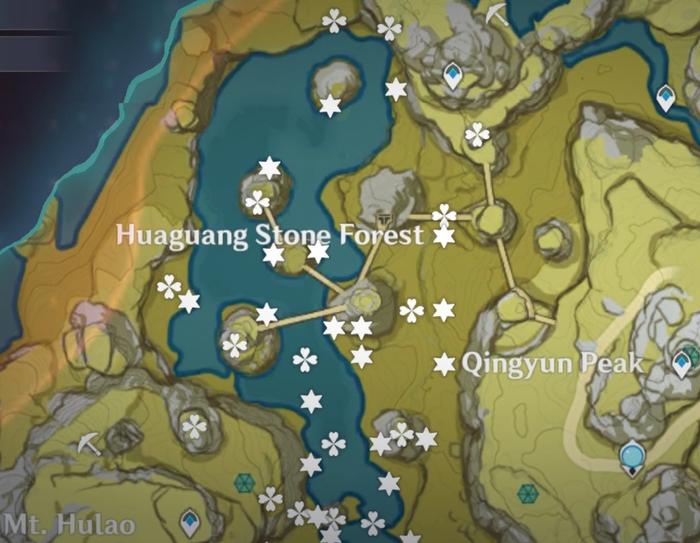 Map witht he location of Mooncharms and Mystmoon Chests in Genshin Impact.