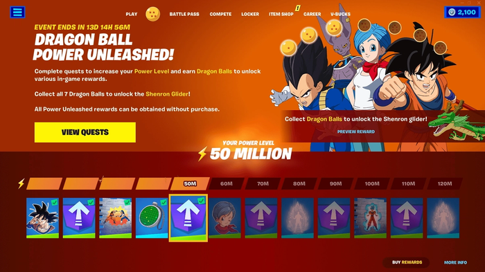 A look at the Dragon Ball quest page in the Fortnite lobby.