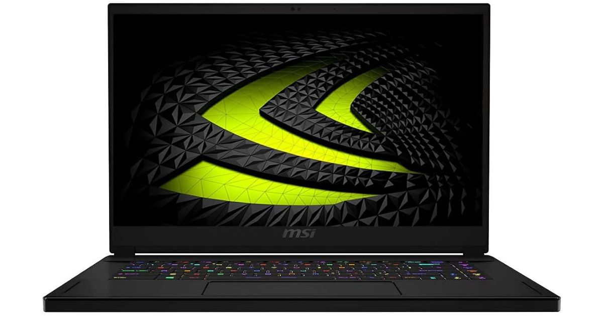 MSI Stealth GS66 product image of a black gaming laptop with a green pattern on the display.