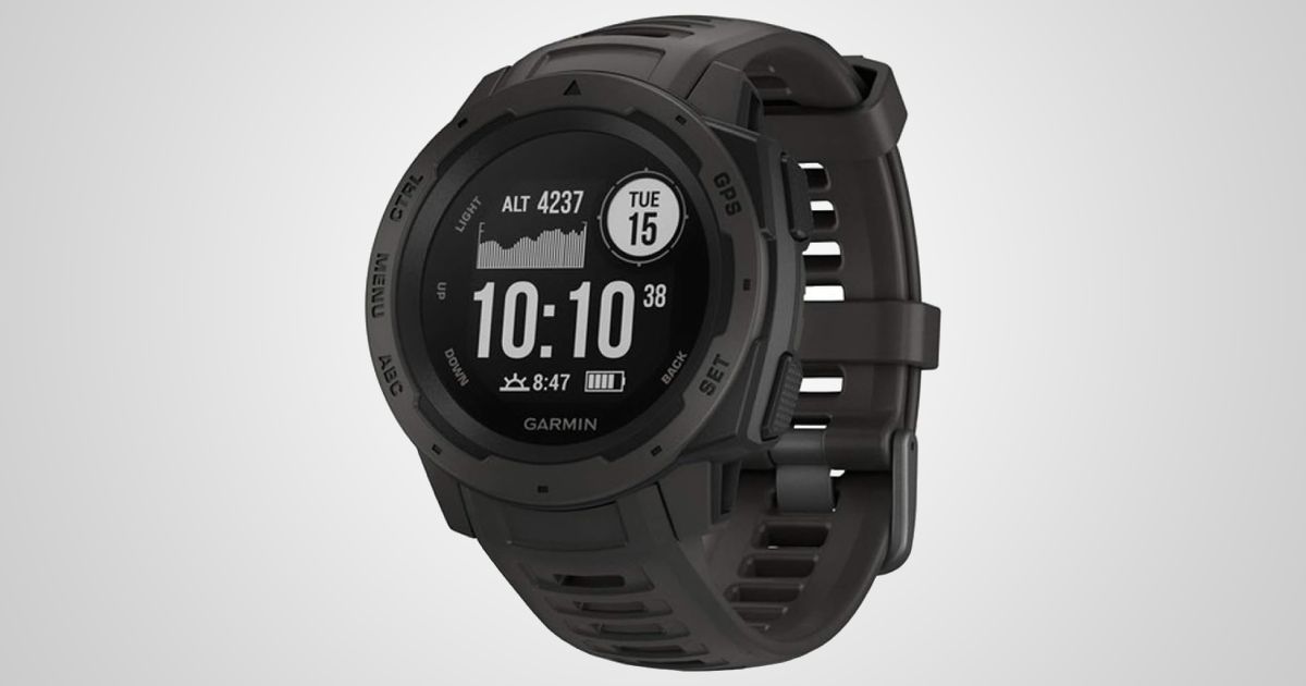 A black smartwatch with light grey statistic as well as the time "10:10" on the display.