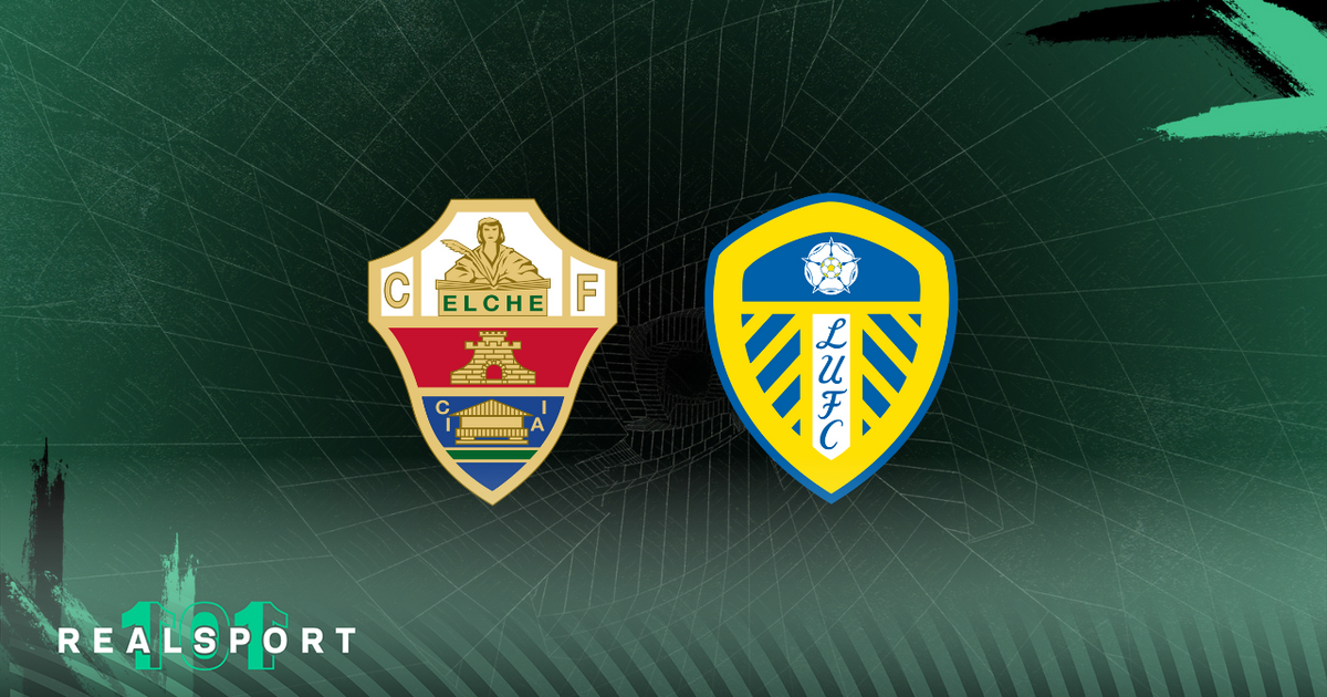 Elche and Leeds United badges with green background