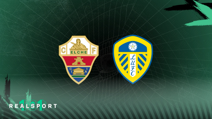 Elche and Leeds United badges with green background