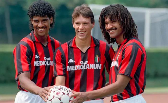Best retro football kit AC Milan 1988-89 product image of a red and black vertical striped kit.