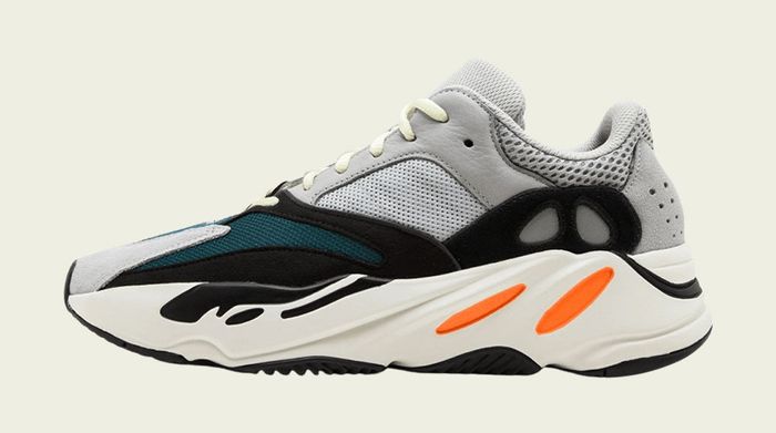 adidas Yeezy 700 "Wave Runner" product image of a grey sneaker with black, teal, and orange accents.