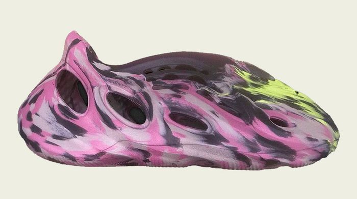 adidas Yeezy Foam RNNR "MX Carbon" product image of an abstract black, purple, and yellow foam sneaker.