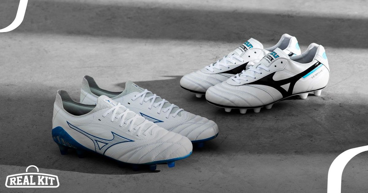Two pairs of white Mizuno boots, the left pair feature blue branding, the right pair featuring the Mizuno logo in black across the sides.