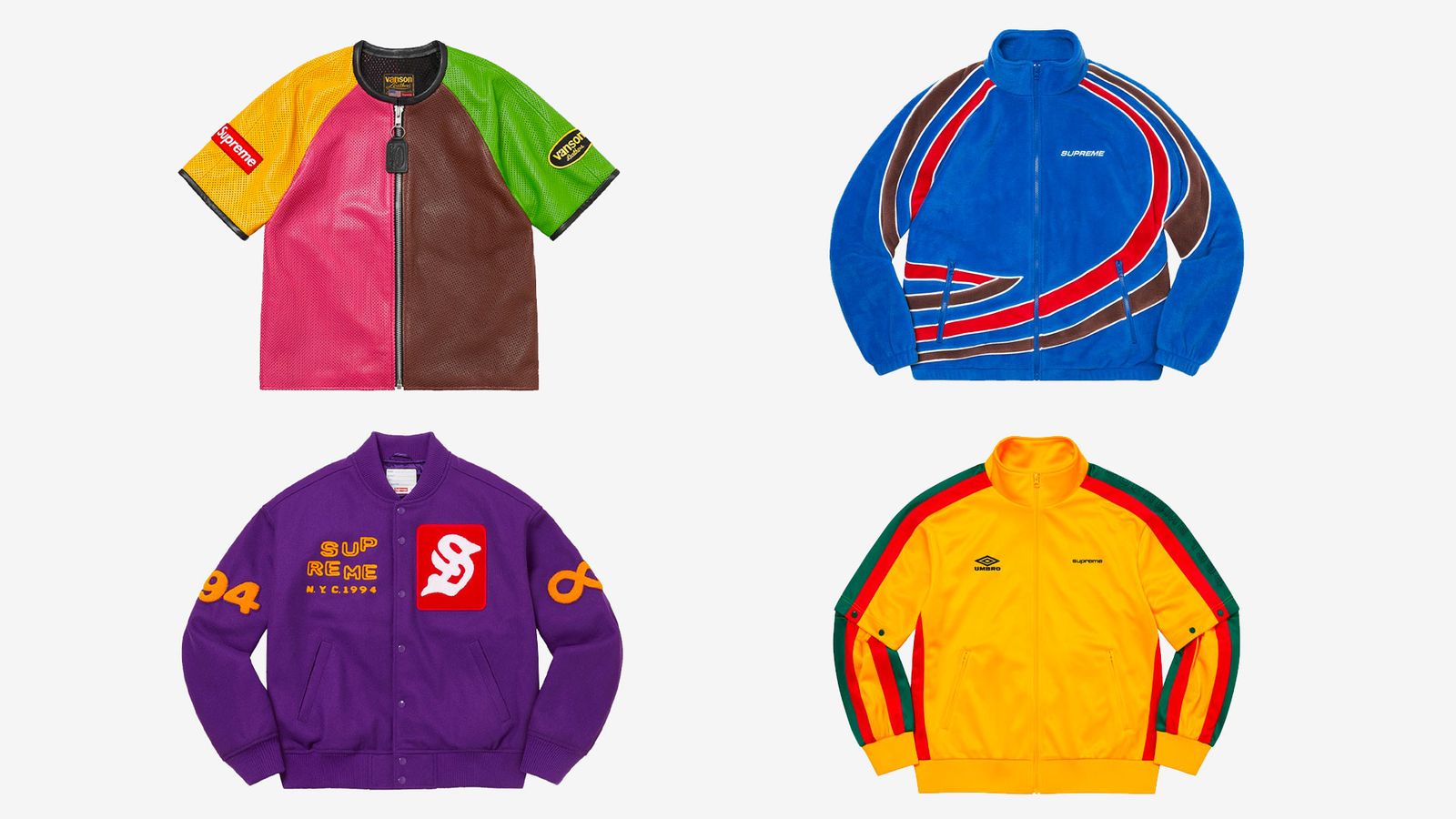 Supreme Spring/Summer 2023 collection - Outwear featuring a multi-coloured leather jacket, a purple bomber, a blue fleece, and a yellow Umbro collab.