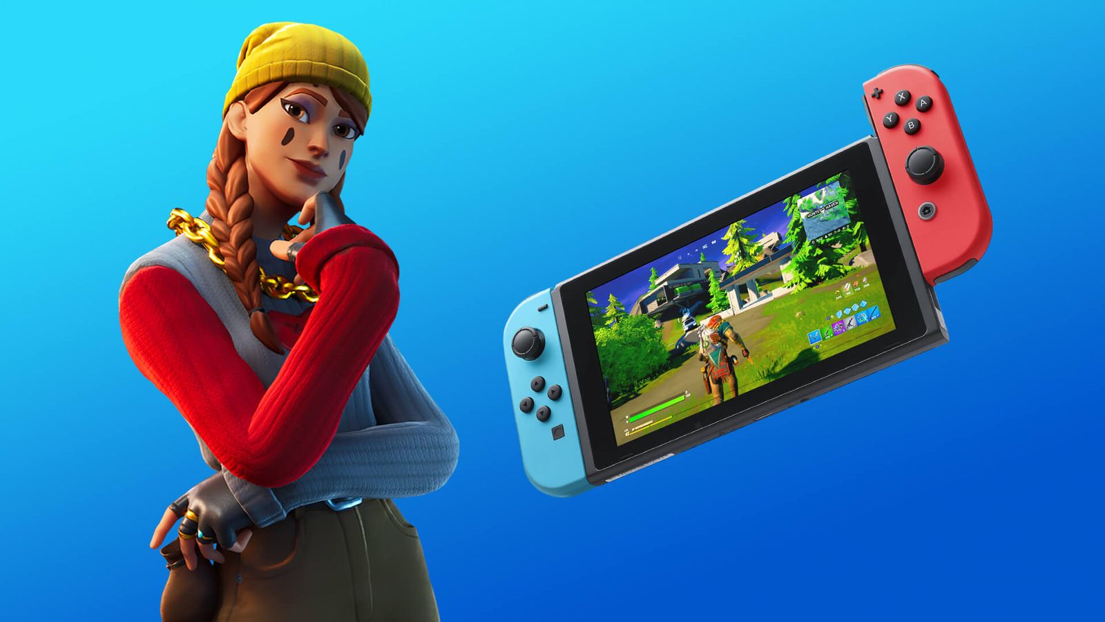 A promotional image showing Fortnite on the Nintendo Switch