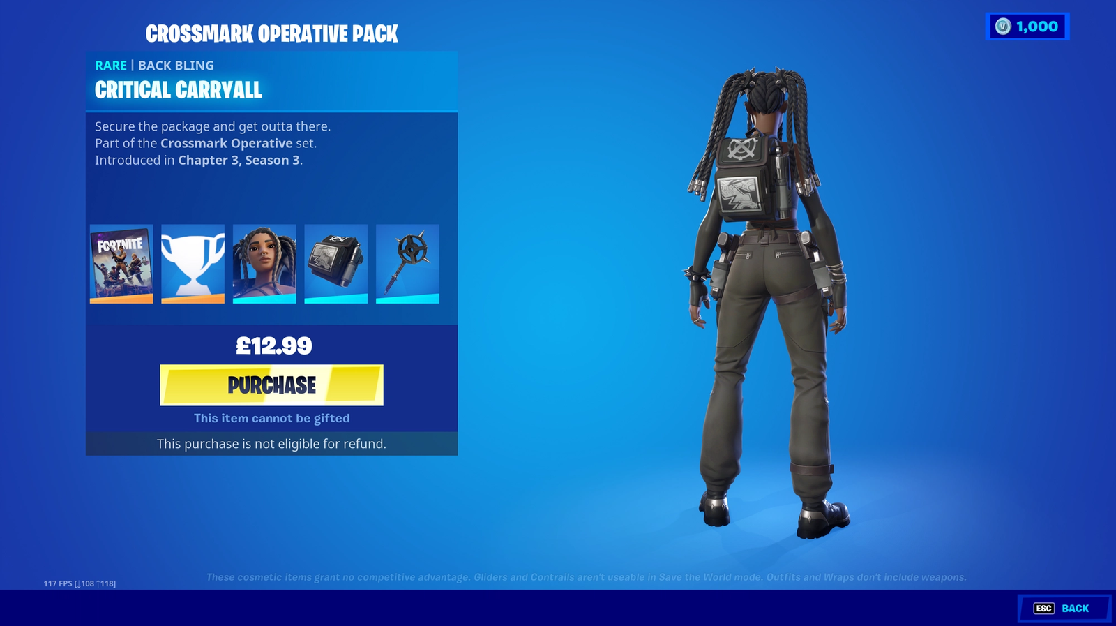 A look at the Critical Carryall Back Bling found in Fortnite's Crossmark Operative Pack