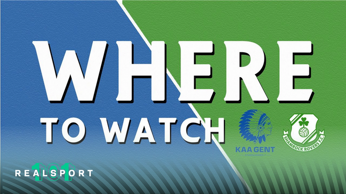Gent and Shamrock Rovers badges with where to watch text