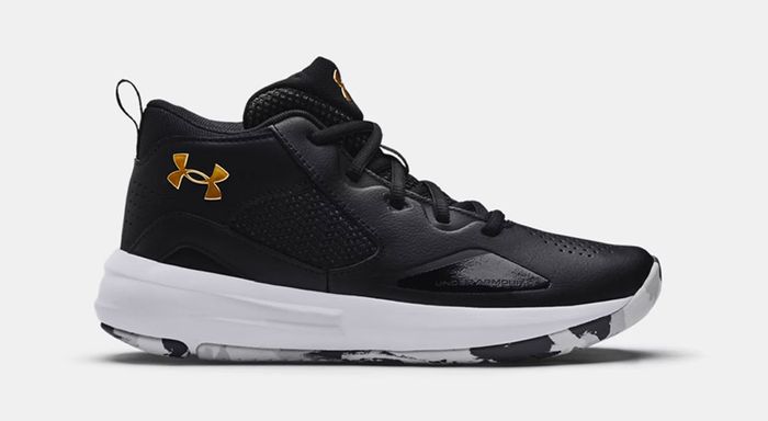 Best basketball shoes Under Armour product image of a black sneaker with metallic gold accents.