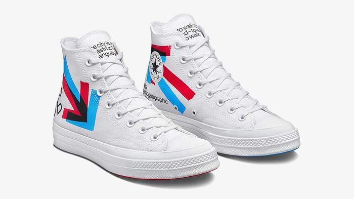Best Converse collabs -Patta x Experimental Jetset x Converse Chuck 70 "Fiery Red and Diva Blue" product image of a pair of white sneakers with red and blue arrows pointing down along the sides.