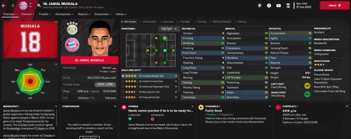 Jamal Musiala's Football Manager 2023 attributes at the start of a new game