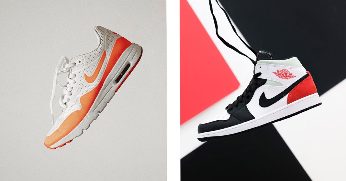 A creamy grey and orange Nike low-top shoe on the left. On the right, a black, white, grey, and light red Jordan 1 in front of a white, black, and red background.