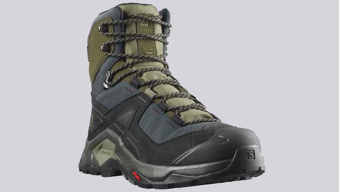Best hiking boots Salomon product image of a single black and khaki boot.