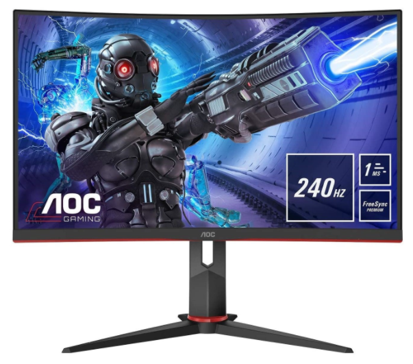 Best gaming monitor for NBA 2K22 AOC Gaming product image of a monitor with an armoured video game character wielding a weapon on its display.