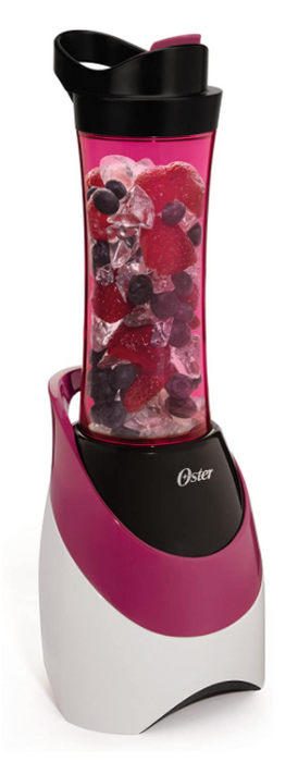 Best Blender Oster product image of a white and pink machine with berry's ready to mix in the cup.