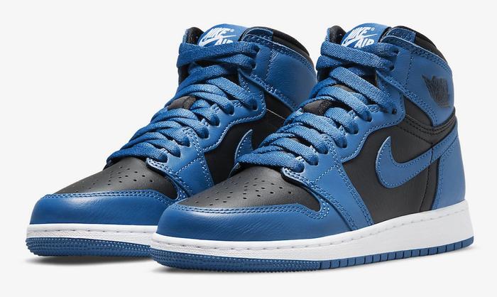 Air Jordan 1 "Dark Marina Blue" product image of a pair of dark blue and black sneakers with white midsoles.