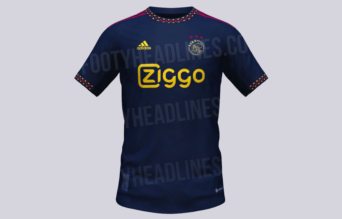 Ajax away kit 2022/23 render image of a navy shirt with red and gold details.